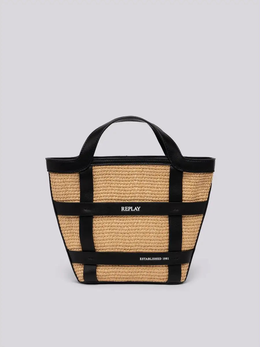 Replay Large Wicker Tote Bag Black Natural