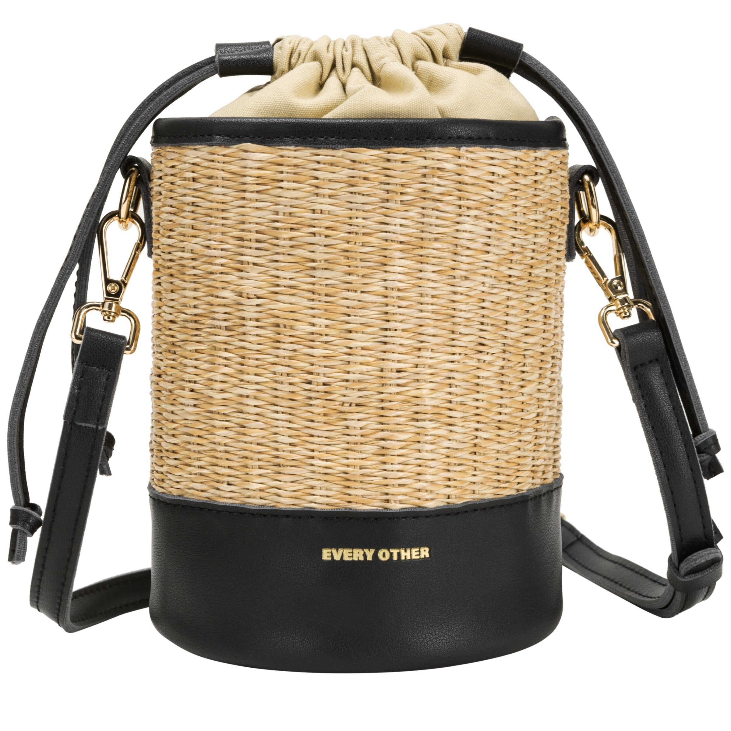 Every Other Cylindrical Drawstring Top Shoulder Bucket Bag in Black