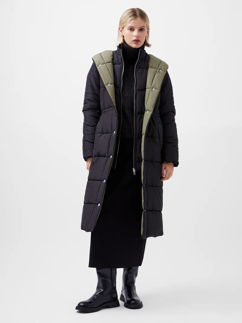 French Connection Auden Double Front Puffer Coat In Blackout/Tarmac Khak