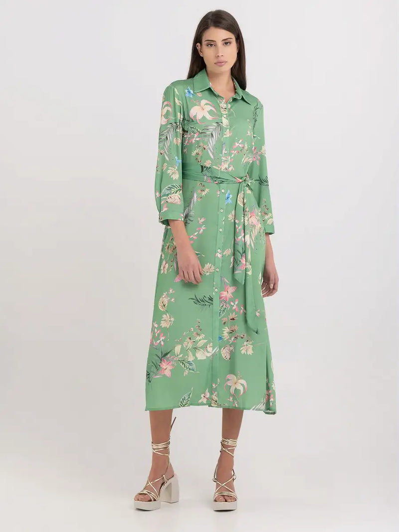 Replay Satin Tropical Print Shirt Dress Green